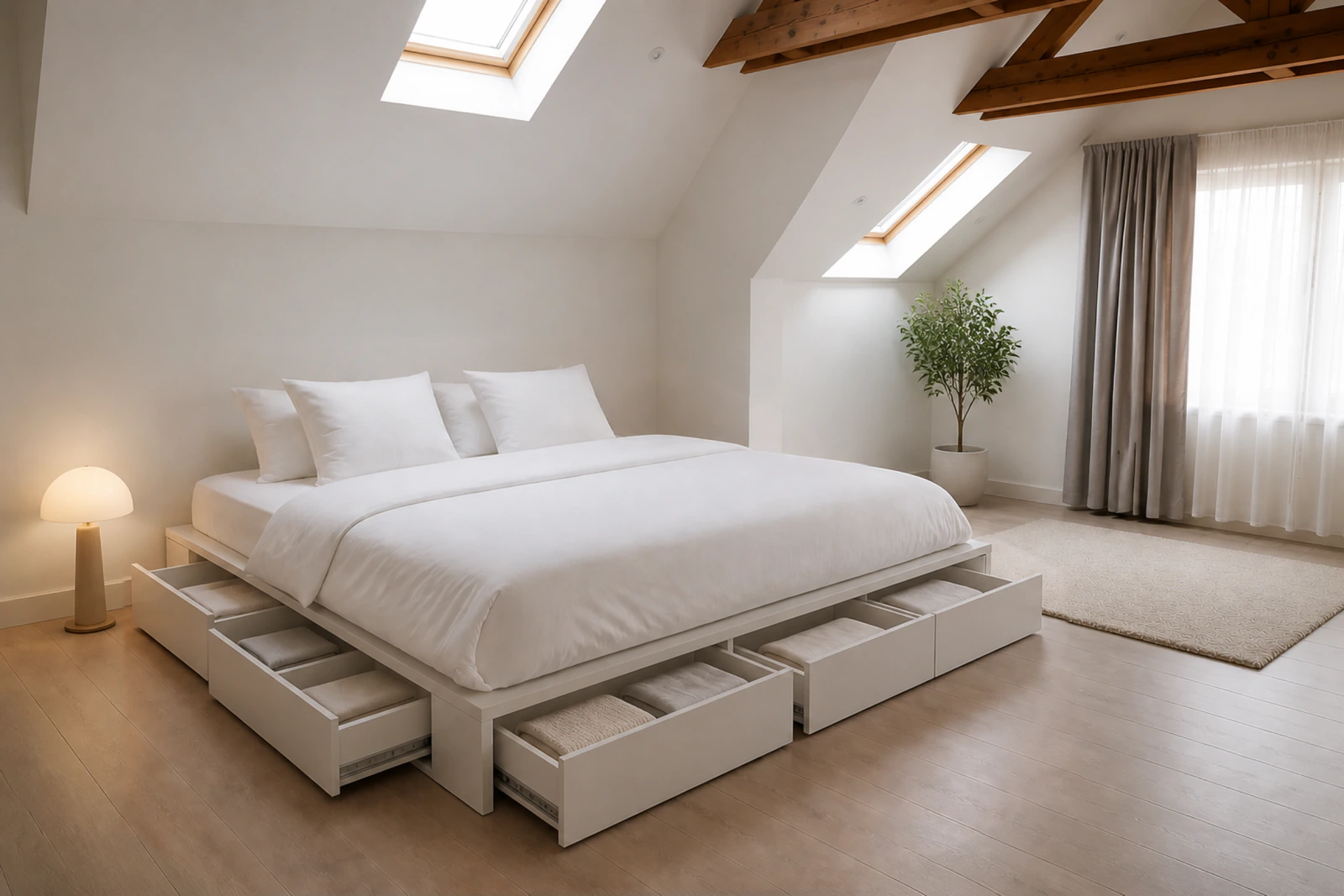 Cama DormiBox Queen en blanco con los cajones abiertos, en un dormitorio de paredes claras