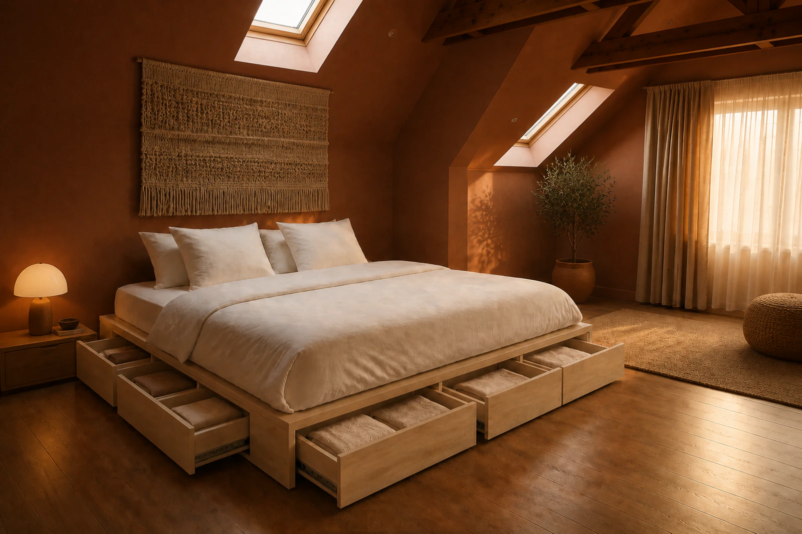 Cama DormiBox Queen en roble natural con los cajones abiertos, en un dormitorio cálido