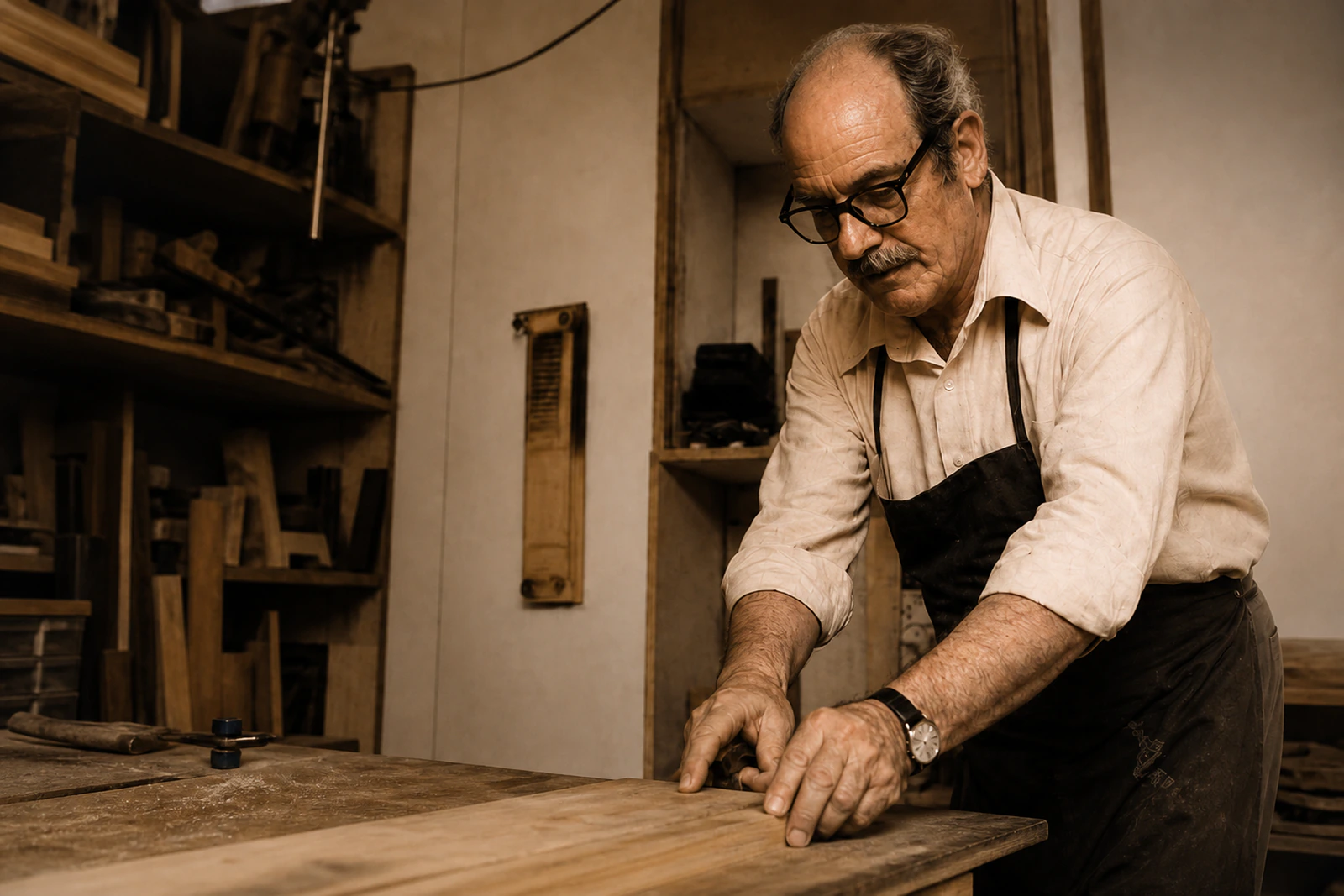 Don Horacio cepillando a mano el frente de un cajón, en el taller de Barrancas