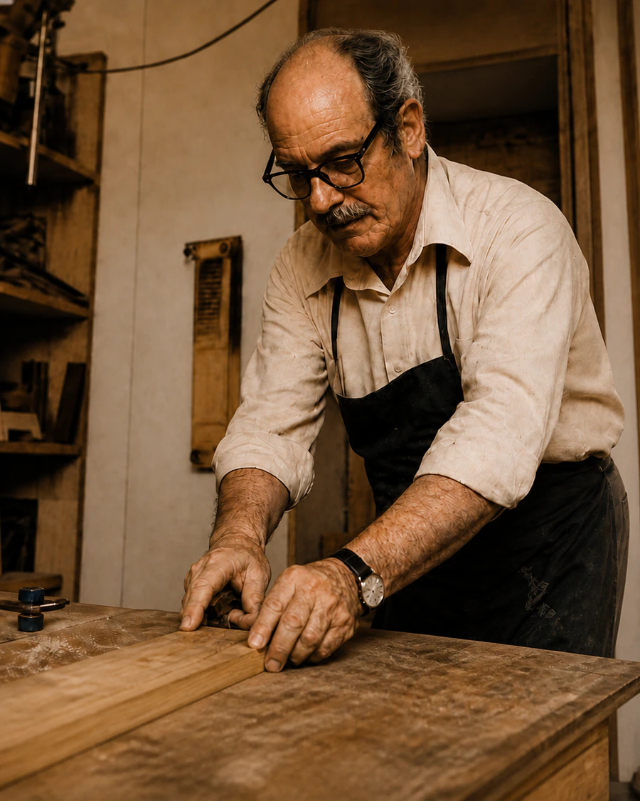 Don Horacio trabajando una pieza de madera en el taller de DormiBox