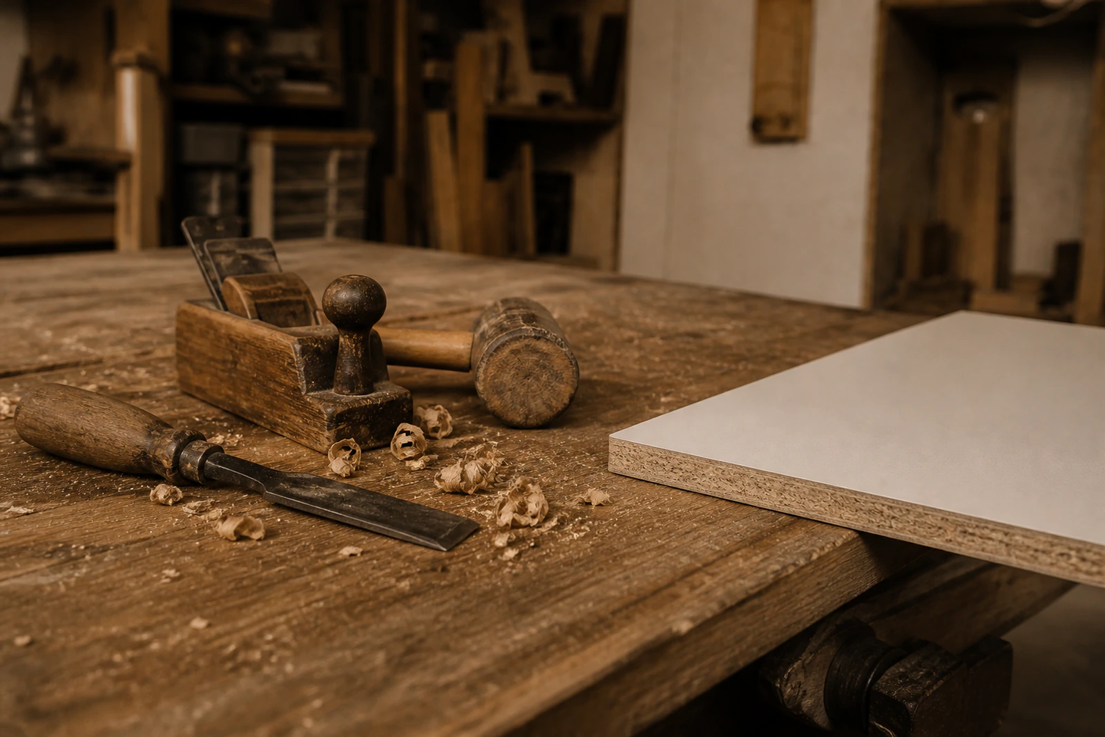 Detalle del taller de DormiBox: herramientas y madera en proceso